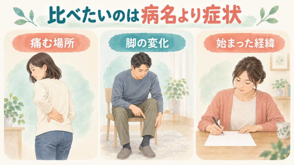 痛む場所、脚の変化、始まった経緯を確認する三つの場面