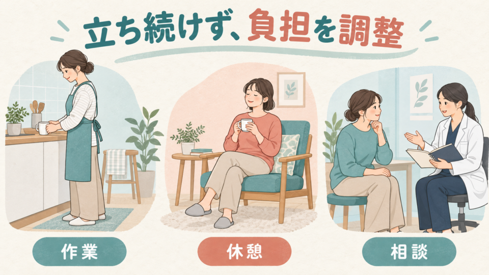 立ち仕事の途中で休憩を取り、負担を相談する三つの場面