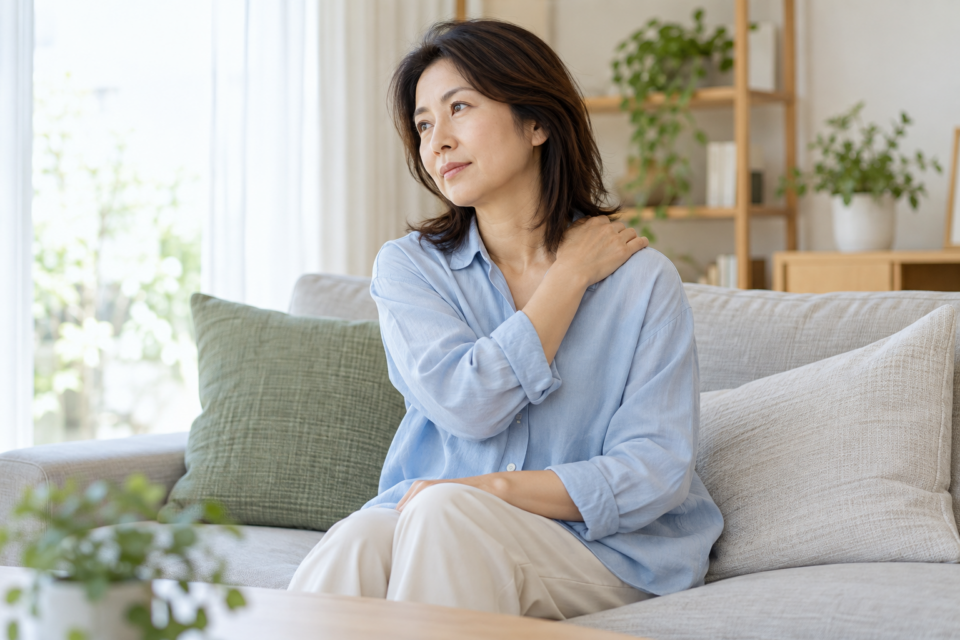 肩に軽く手を添えて症状を振り返る女性