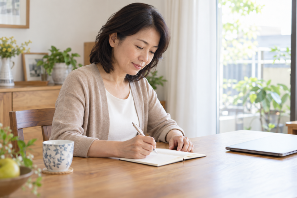 肩の症状と生活の変化をノートに記録する女性