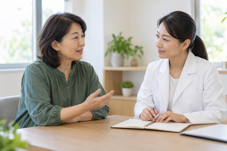 肩の治療について説明を聞き質問する女性