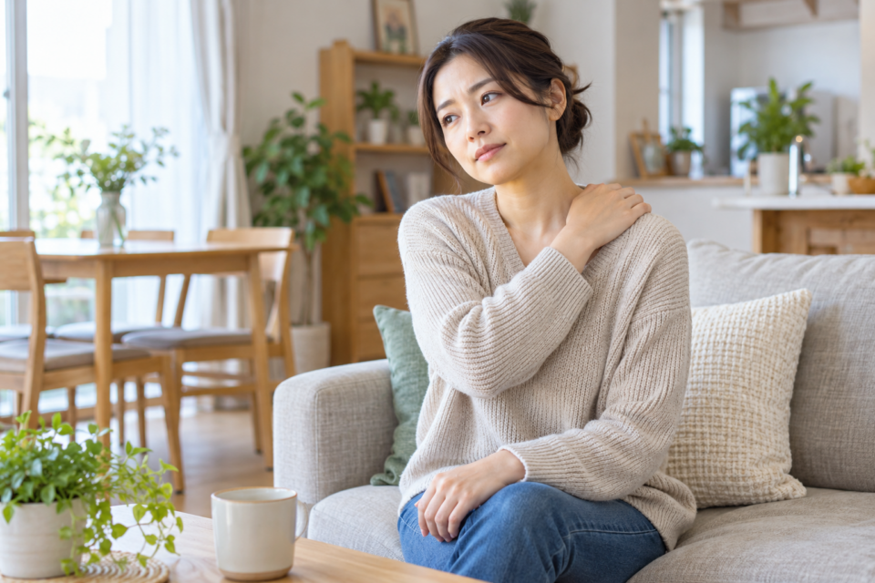 肩の重さを振り返り肩に軽く手を添える女性