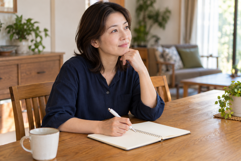 肩の症状と生活上の困りごとをノートに整理する女性