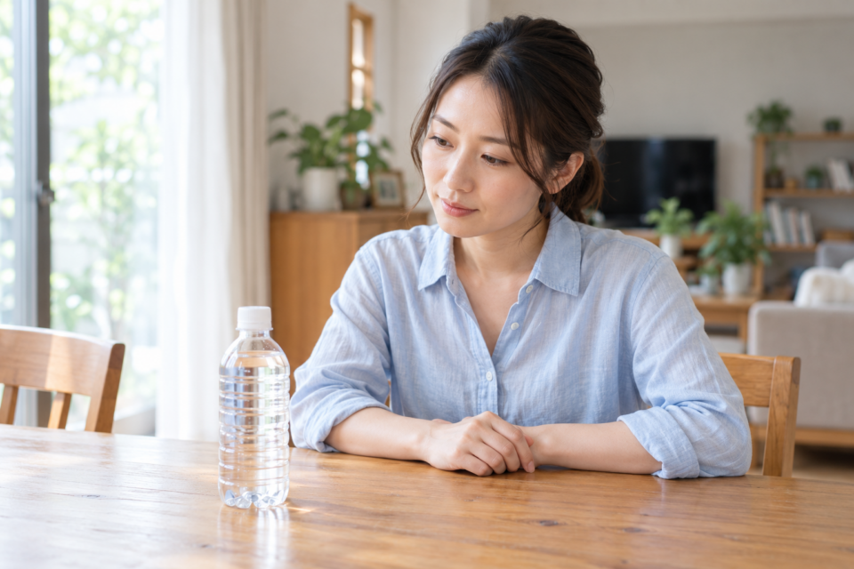 水の入ったペットボトルを前に使い方を考える女性