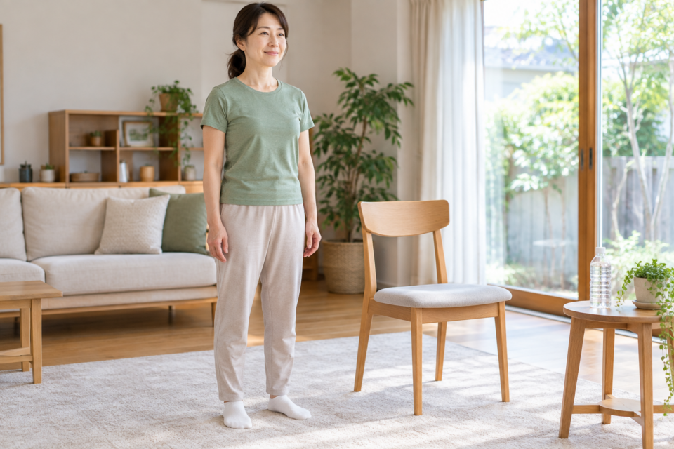 重りを持たず肩の力を抜いて立つ女性