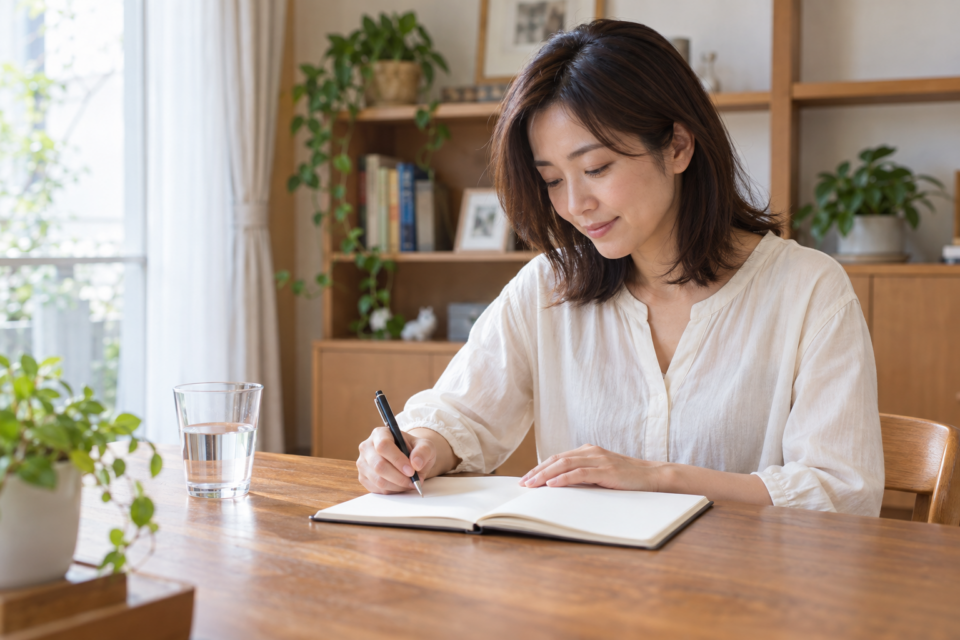 相談に備えて体調の変化をノートに記録する女性