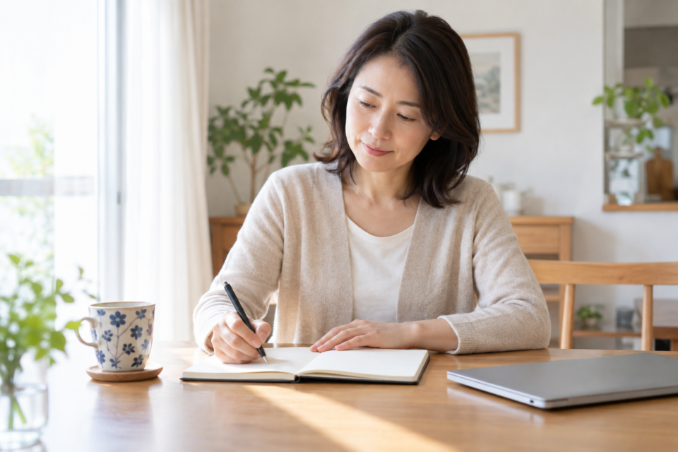 生活で困る動作をノートに整理する女性